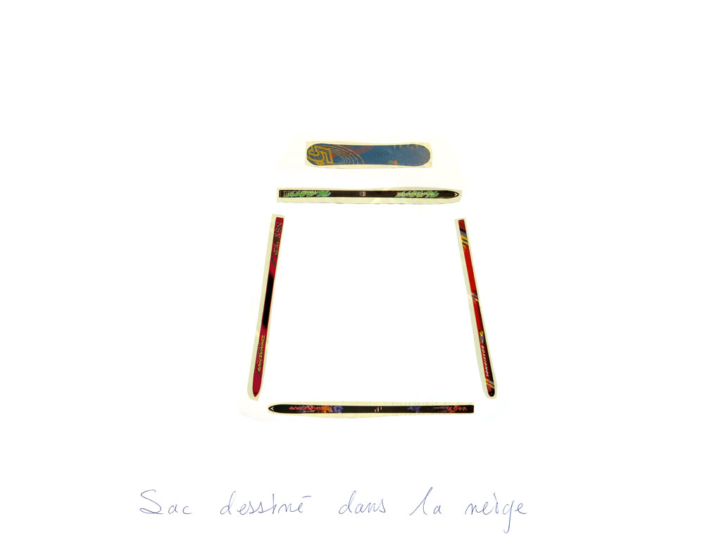 Claude Closky, ‘Sac dessiné dans la neige [Bag Draw in the Snow] (Dynastar)’, 1998, blue ballpoint pen and collage on paper, 51 x70 cm.